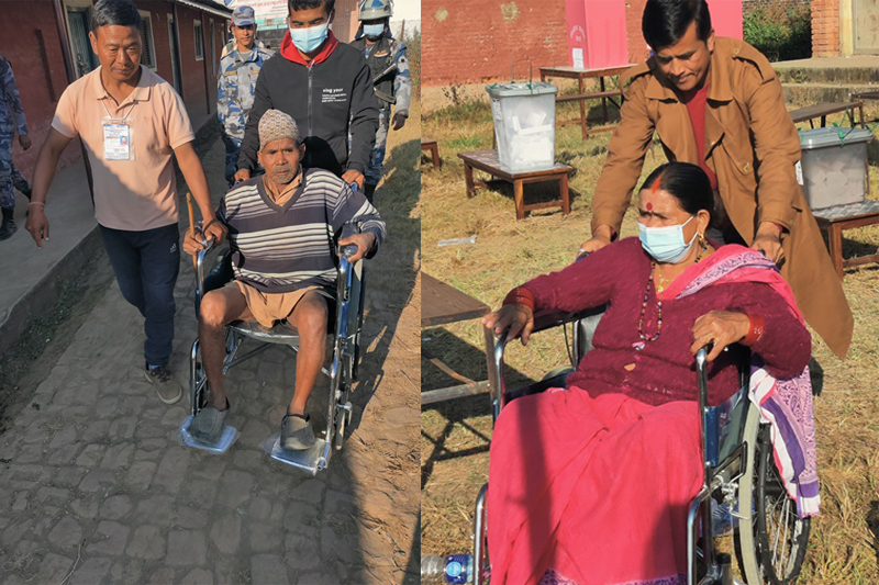 People with disabilities and vulnerable groups enjoying the wheelchair facility managed for them at the polling station of Tulsipur Janakalyan Secondary School, Dang. Photo: Krishna Gautam. 